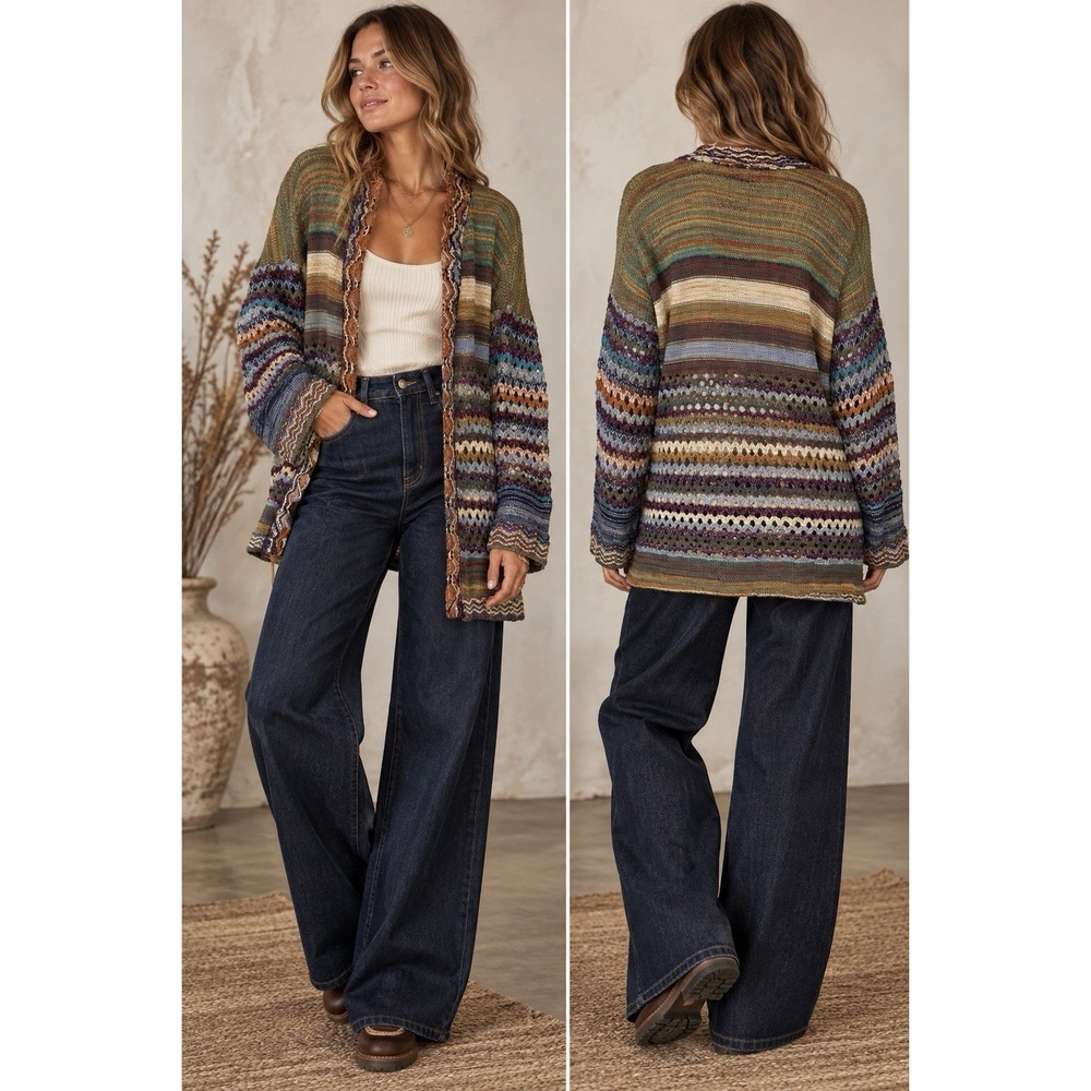 Soft Surroundings Crochet Knit Albi Open Cardigan Boho Striped Indie Women's M